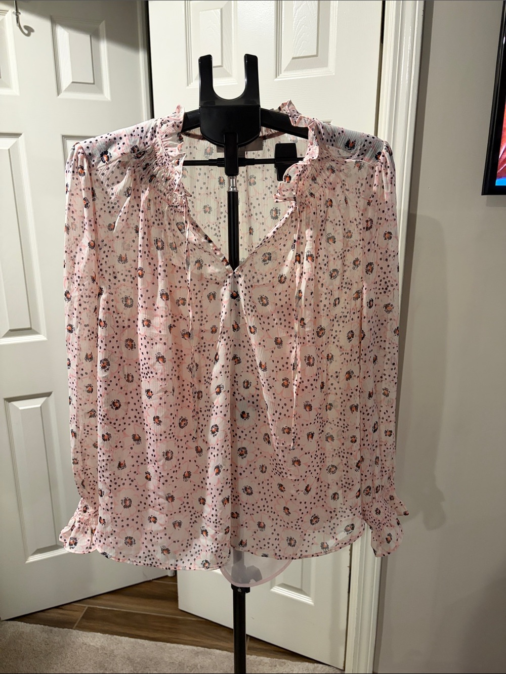 Loft Light Pink Floral Ruffle-Trim Women’s Blouse XL